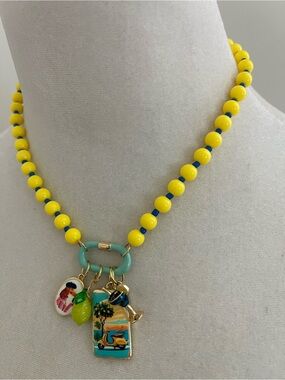 Yellow Beaded Charm Necklace with Tropical Pendants